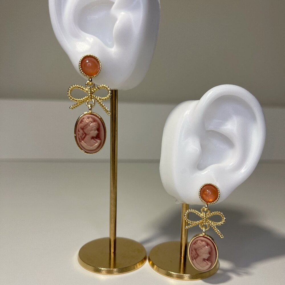 Pink Strawberry Cameo Bow Drop Earrings with Oval Cabochon